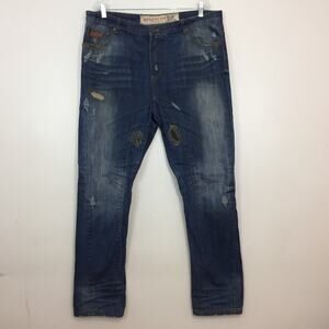 Y2K Winchester Mens Jeans Size 38x34 Distressed Denim Blue Patches Stitching